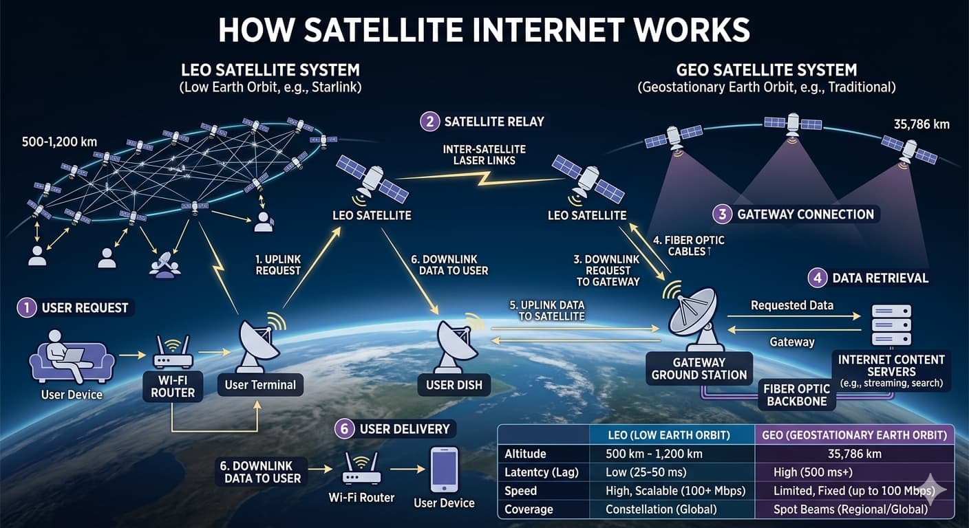 how satelite internet works